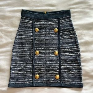 Balmain blue knitted tweed gold button skirt 38 $1595